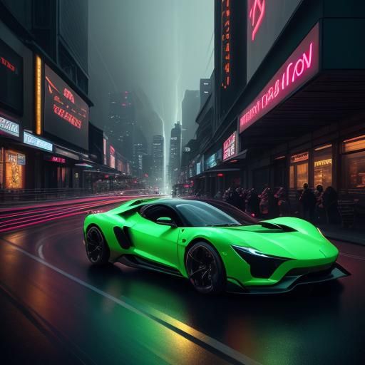 Exotic Sports Car in Neon Cityscape at Sunset