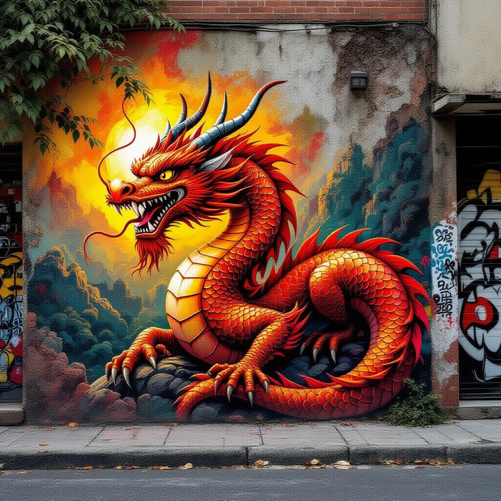 Dragon Mural in Airbrush Style with Graffiti Elements