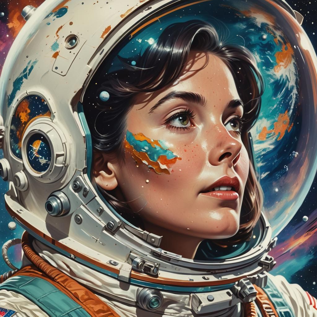 Midcentury Woman Astronaut Gazing at Earth