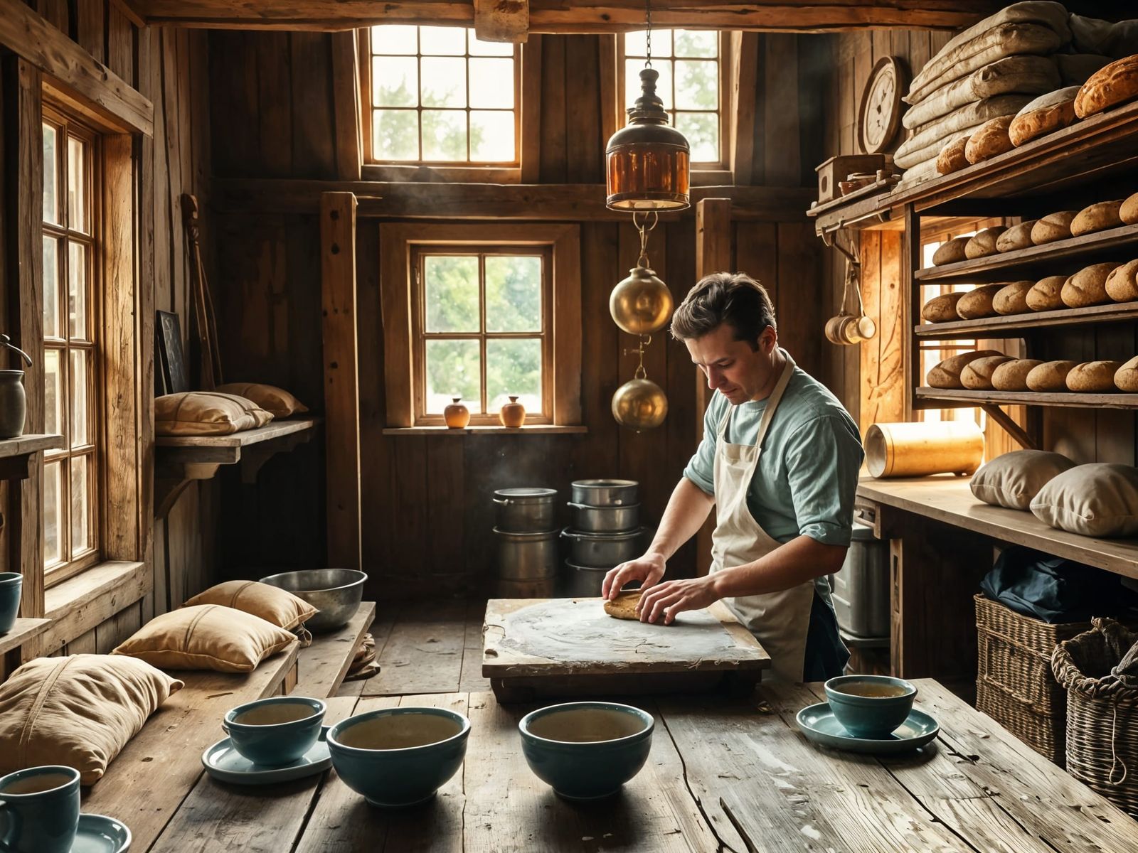 Baker Kneading Dough in Vermeer-Style Kitchen