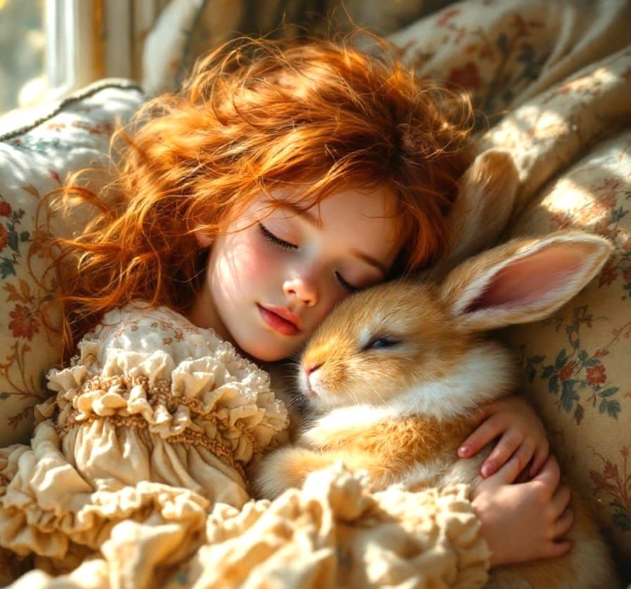 Girl and Bunny in Cozy Impressionist Scene