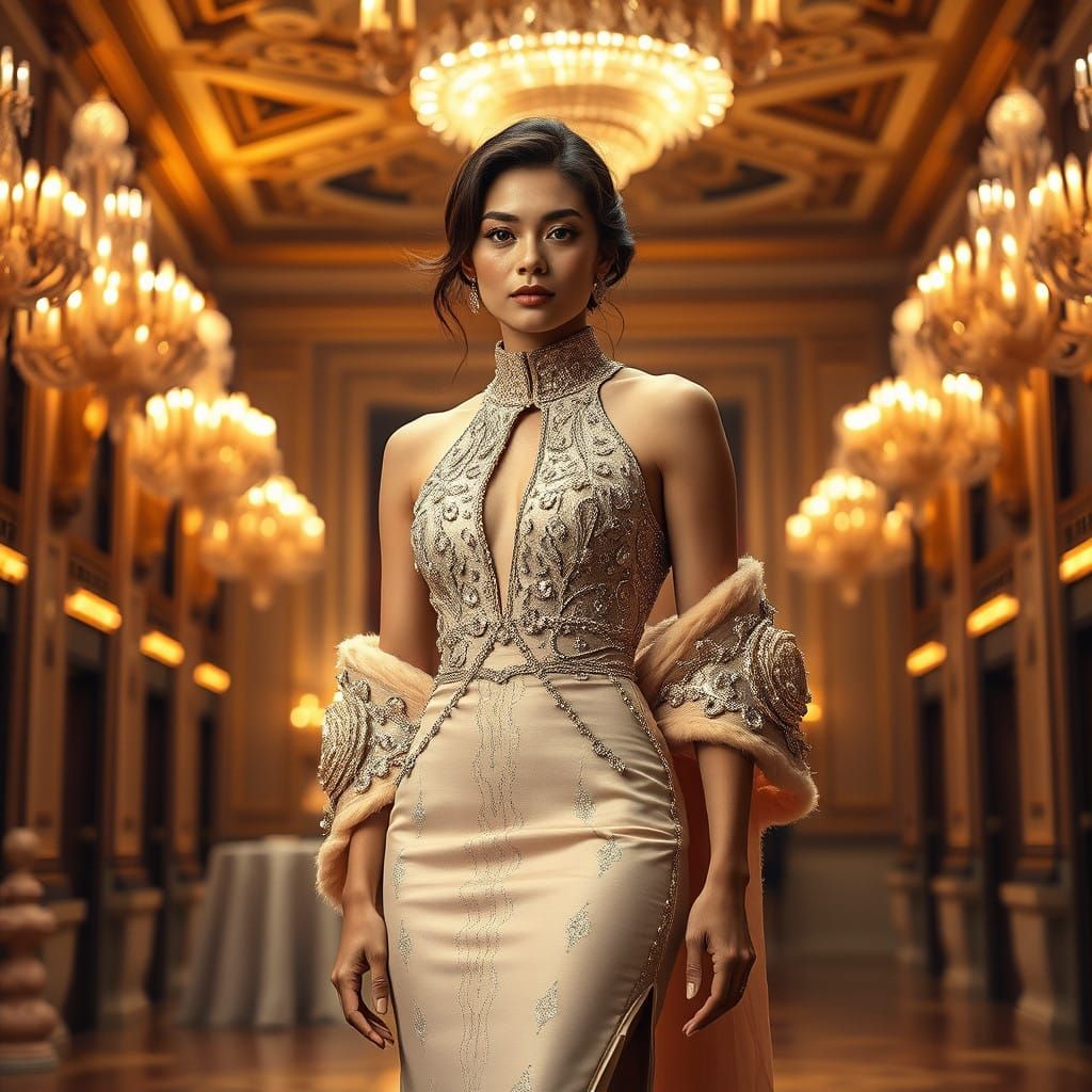 Sleek, Ornate Ballgown in Warm, Golden Light