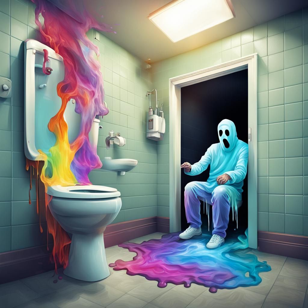 Ghostly Figure Emerging from Toilet in Colorful Reality