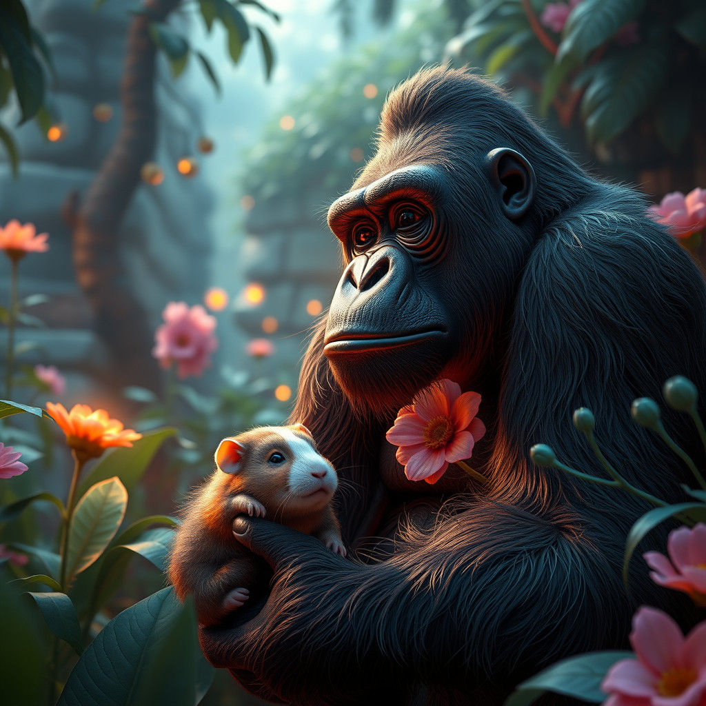 Luminescent Garden Scene with Gorilla, Guinea Pig, and Grand...