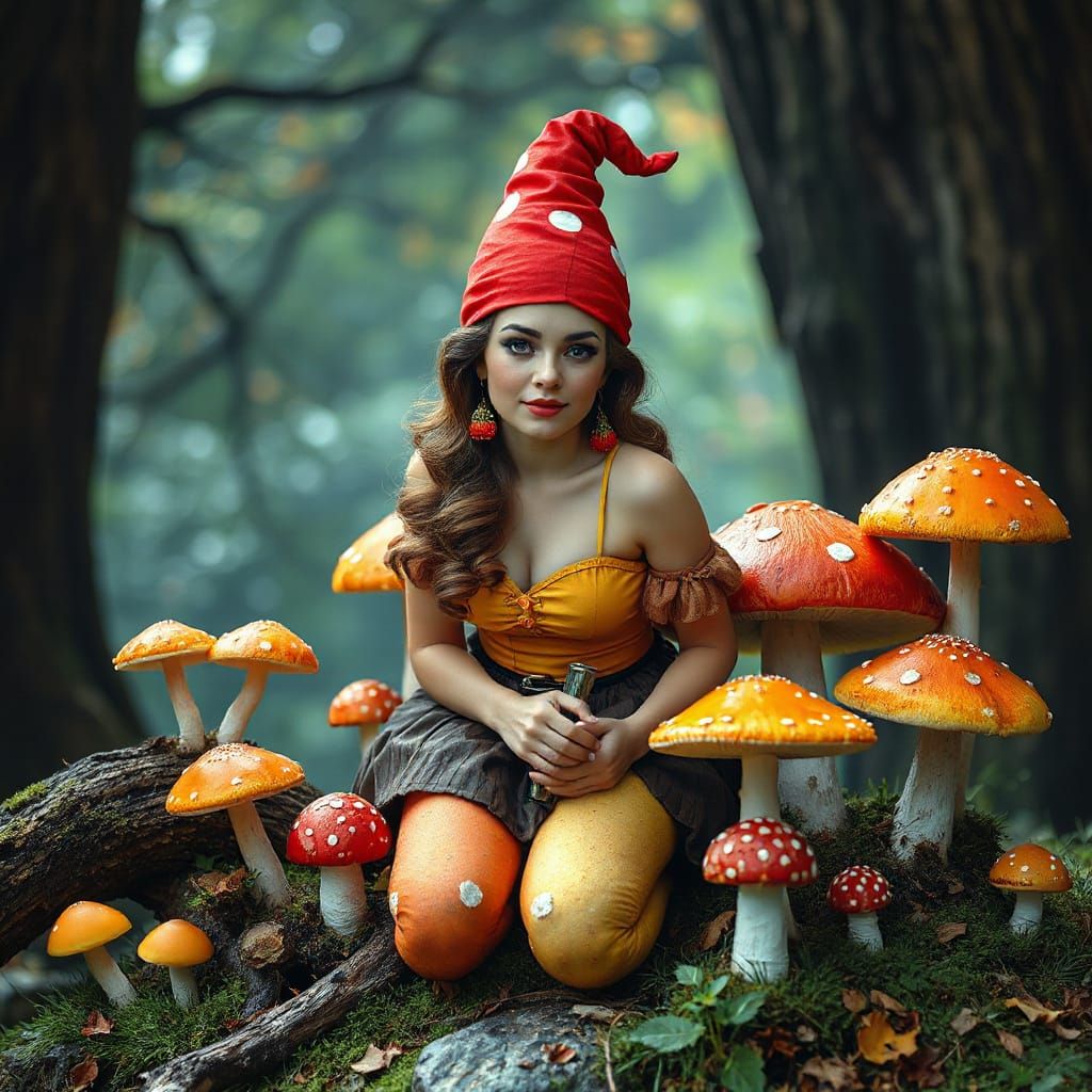 Whimsical Female Gnome in a Vibrant Dreamlike Landscape