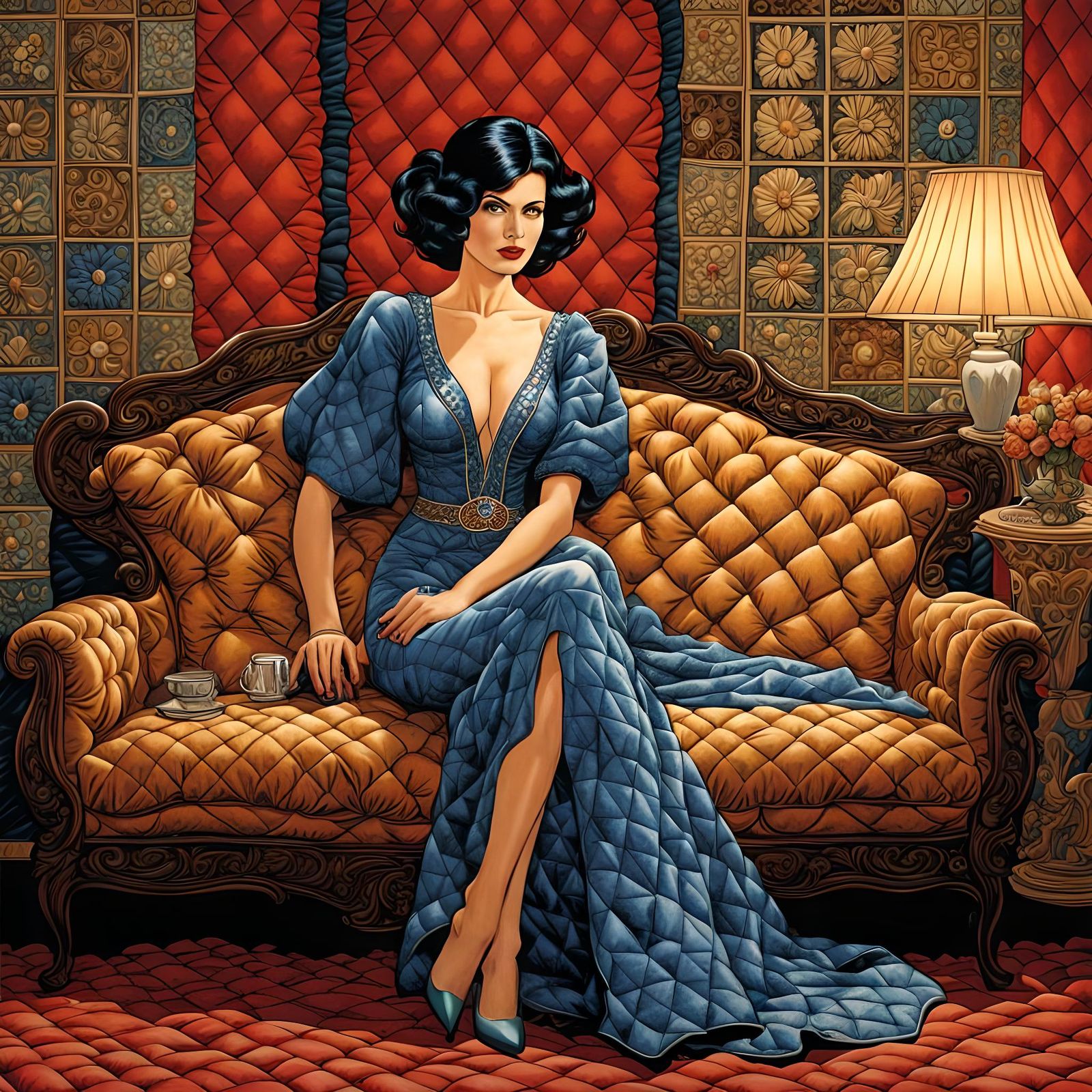 Vintage Quilted Gown Comic Book Illustration
