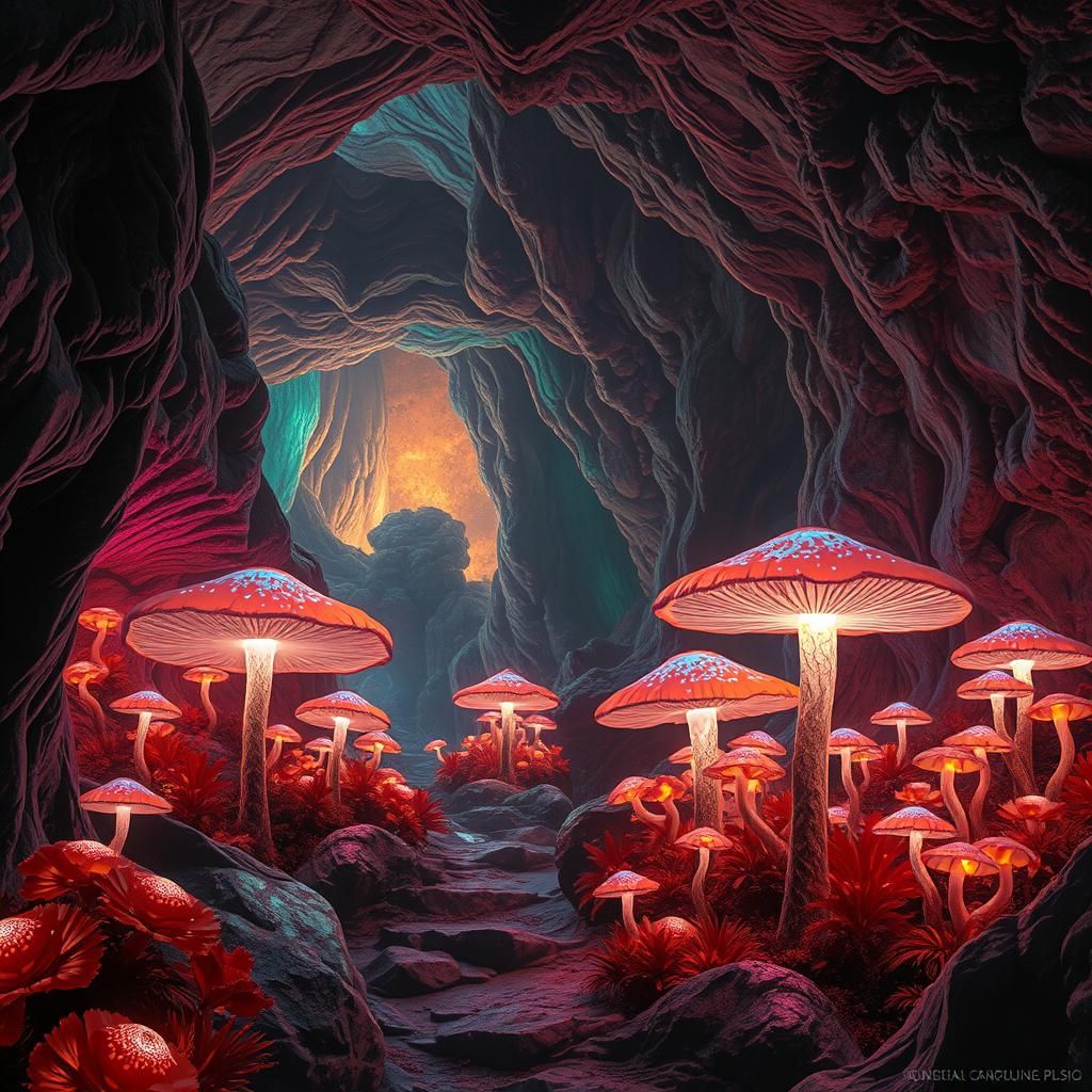 Otherworldly Cave with Glowing Flora in Fantasy Style