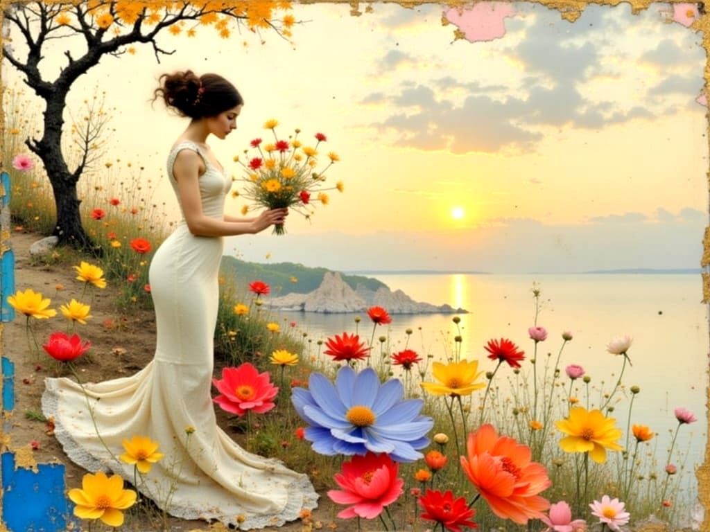 Woman with Floral Background in Klimt-Inspired Style