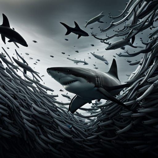 Hyperrealistic Shark Surrounded by School of Fish