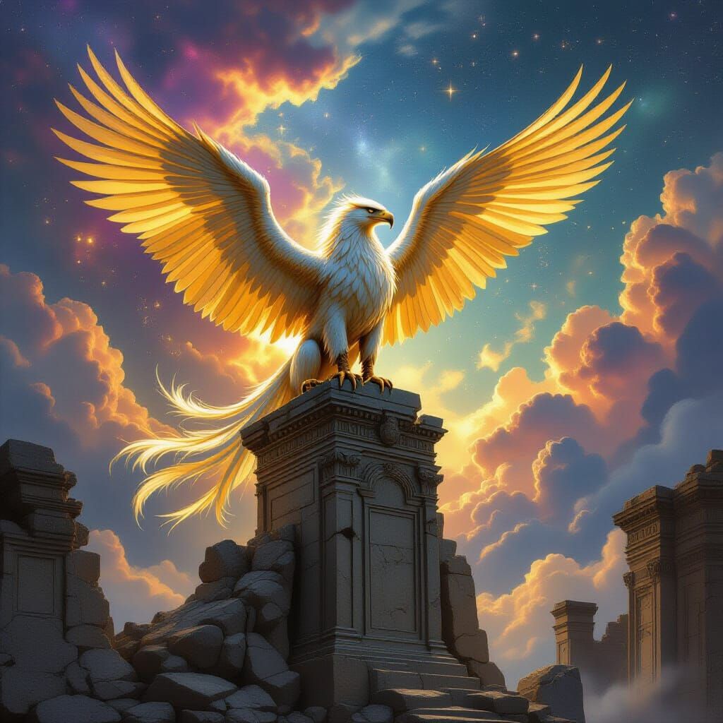 Majestic Griffin on Ancient Ruins Under Nebula Sky