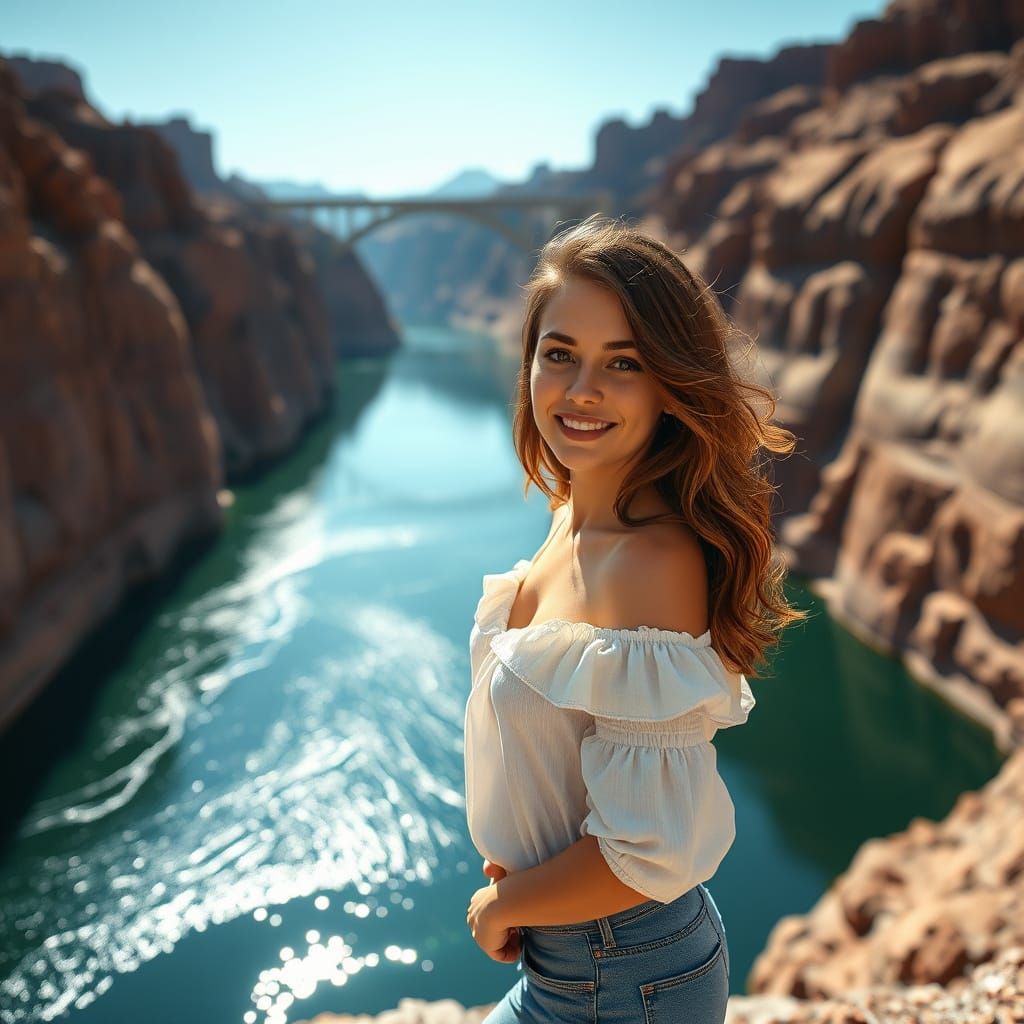 Young Woman Stands Beside Hoover Dam