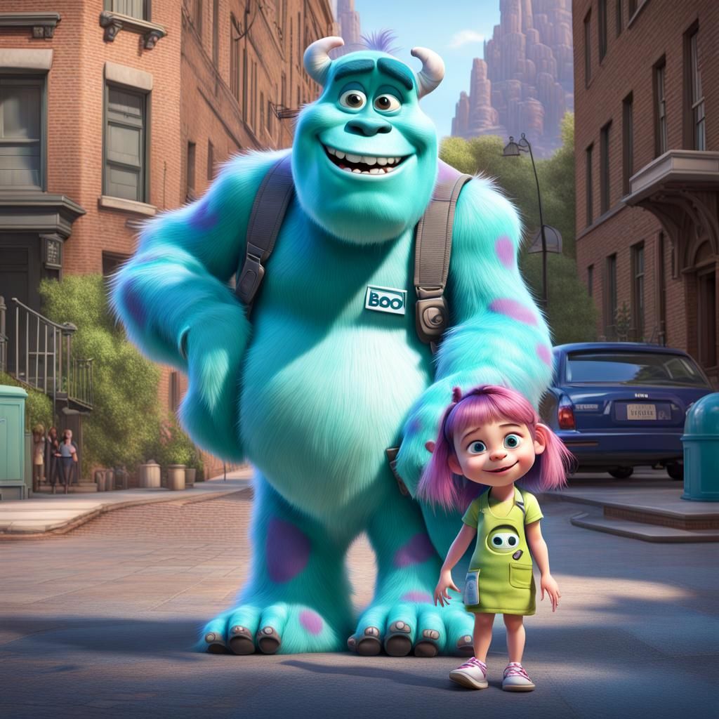 A cute hyper realistic illustration of Sully from monsters inc and Boo from monsters inc  hyperrealism, photoillustratio...