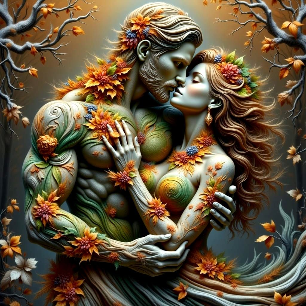 Gothic Autumn Lovers Entwined in Stone
