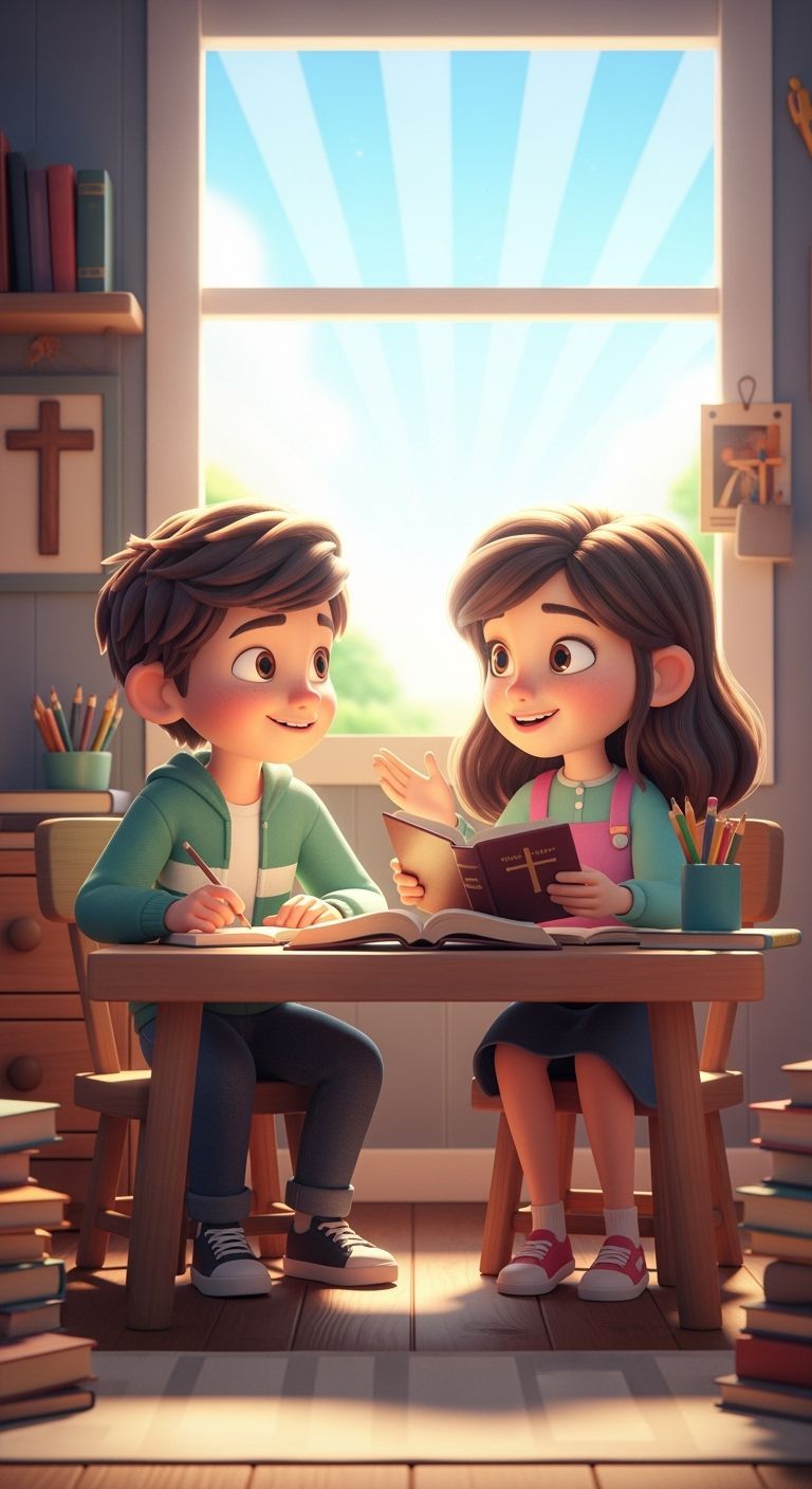 Children Reading Bible in Sunny Room as 3D Cartoon