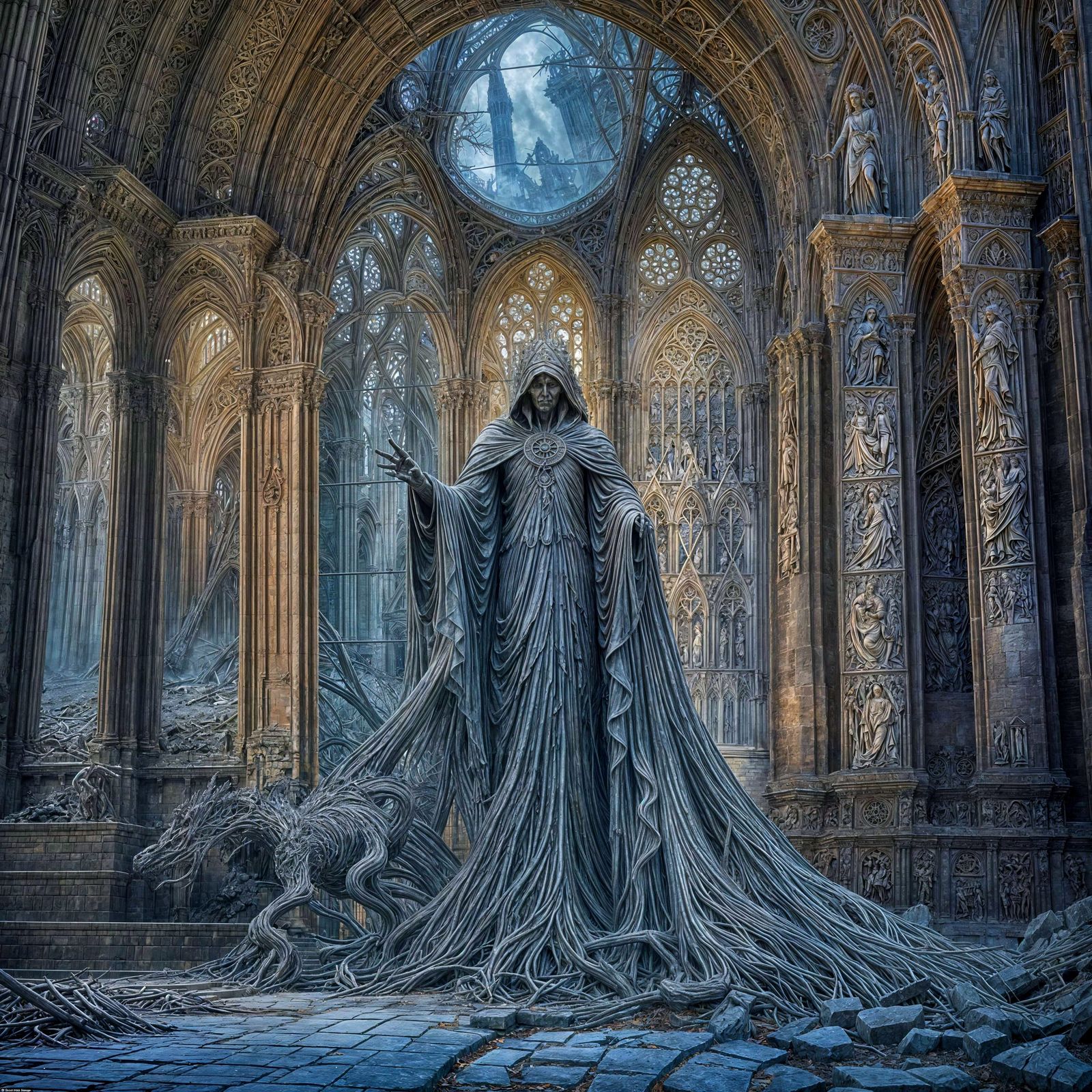 Enchanted Forest Cathedral with Ghostly Figure