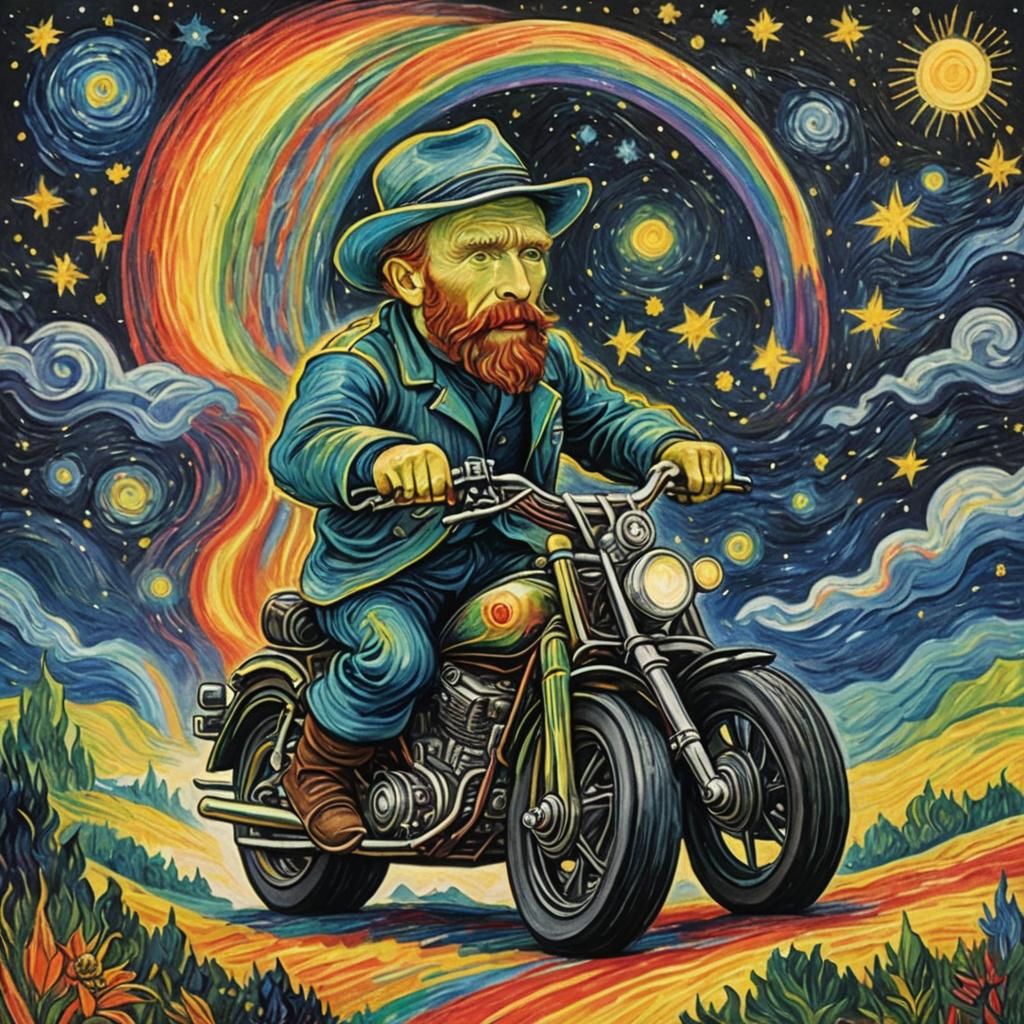 Wizard Rides Futuristic Motorcycle in Starry Night Style