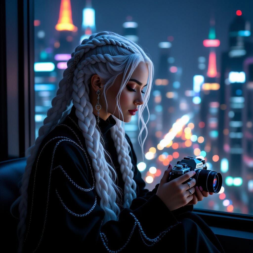 Cyberpunk Woman with Braided Hair by Neon Window