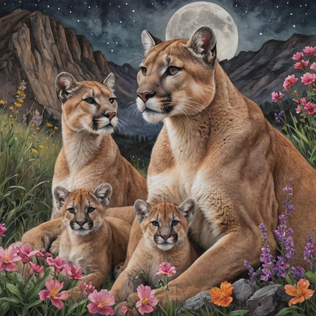 Mountain Lion and Cubs in Wildflower Meadow