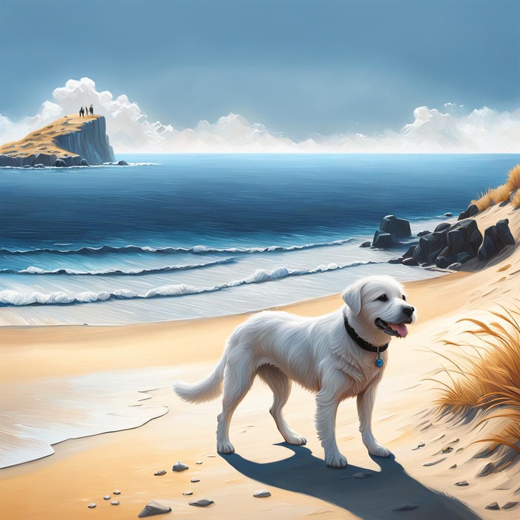Dog Gazing at Sea in Classical Oil Painting Style