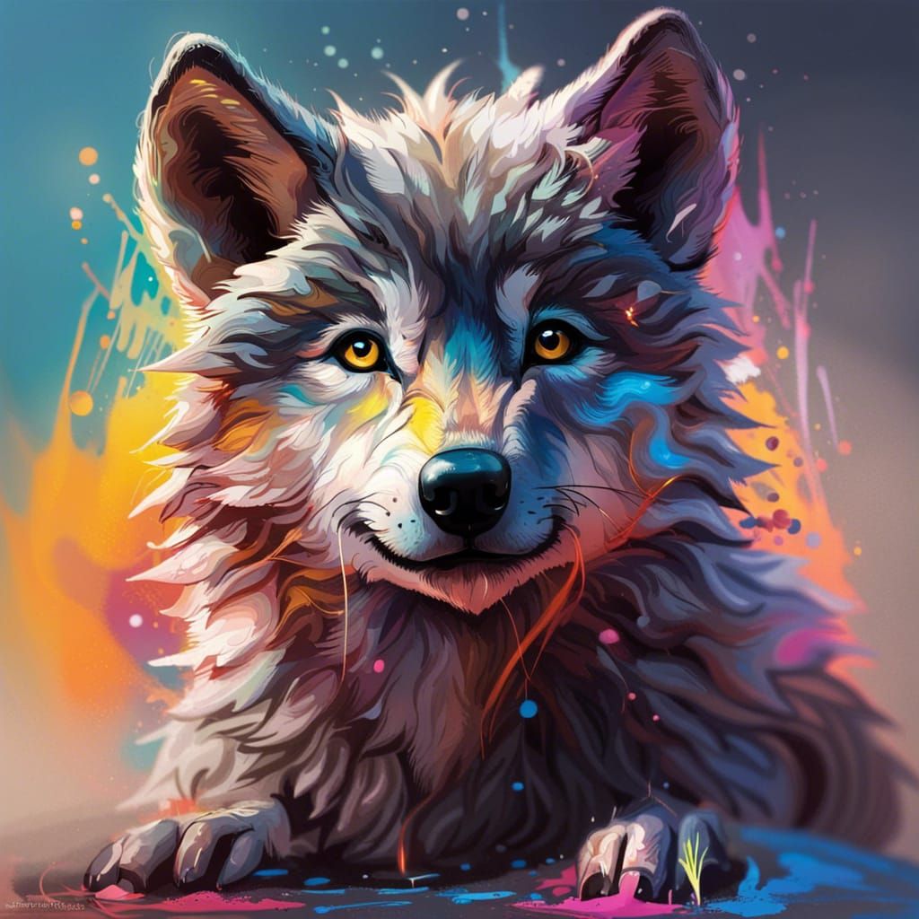Hyperrealistic Baby Wolf Portrait in Splash Art Style