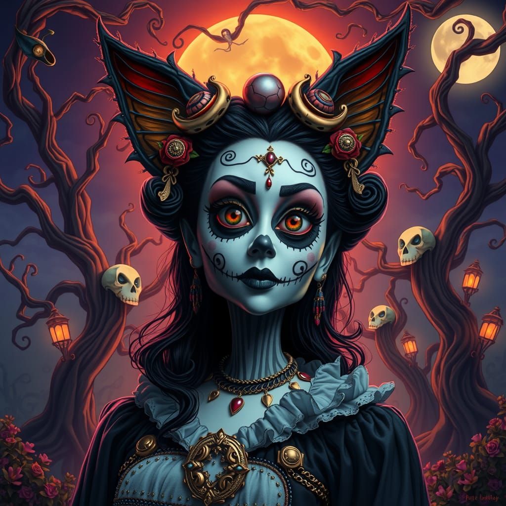 a painting of a Helena Bonham Carter with make up of Catrina...