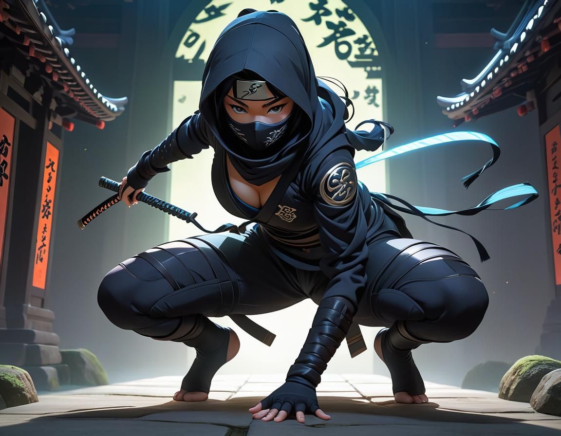 Dynamic Female Ninja with Glowing Magic, Anime Style