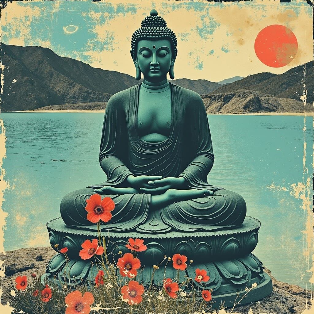 Cyan Maitreya Buddha in Postpunk Abstract Style