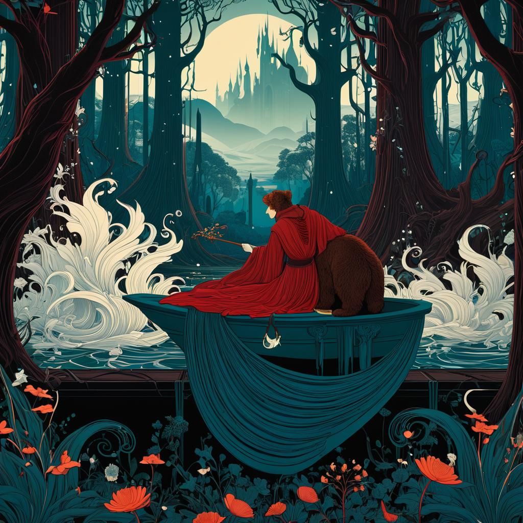 Fantastical Drawing in Aubrey Beardsley Style