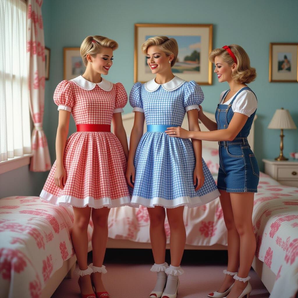 Embarrassed Men in Frilly Dresses in Bedroom