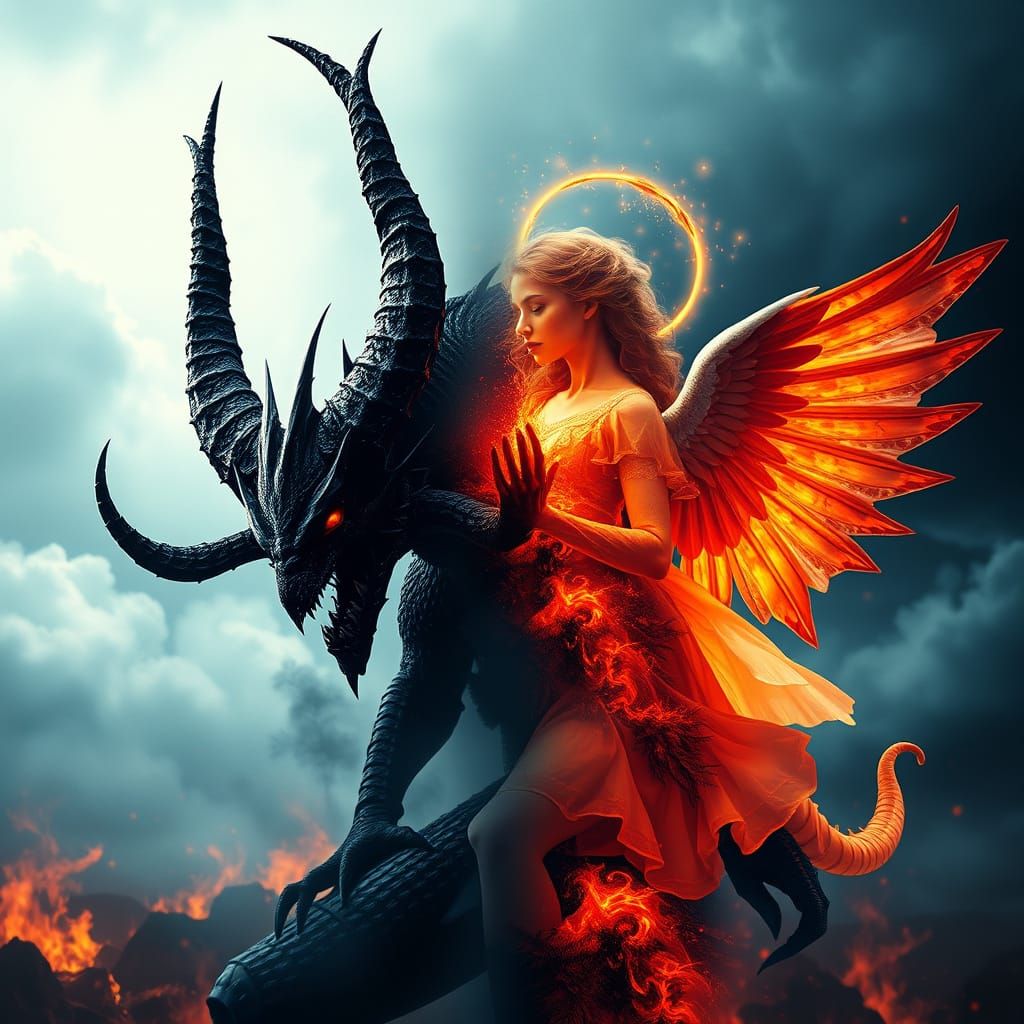 Dark Fantasy Double Exposure of Angel and Demon in Hyperreal...