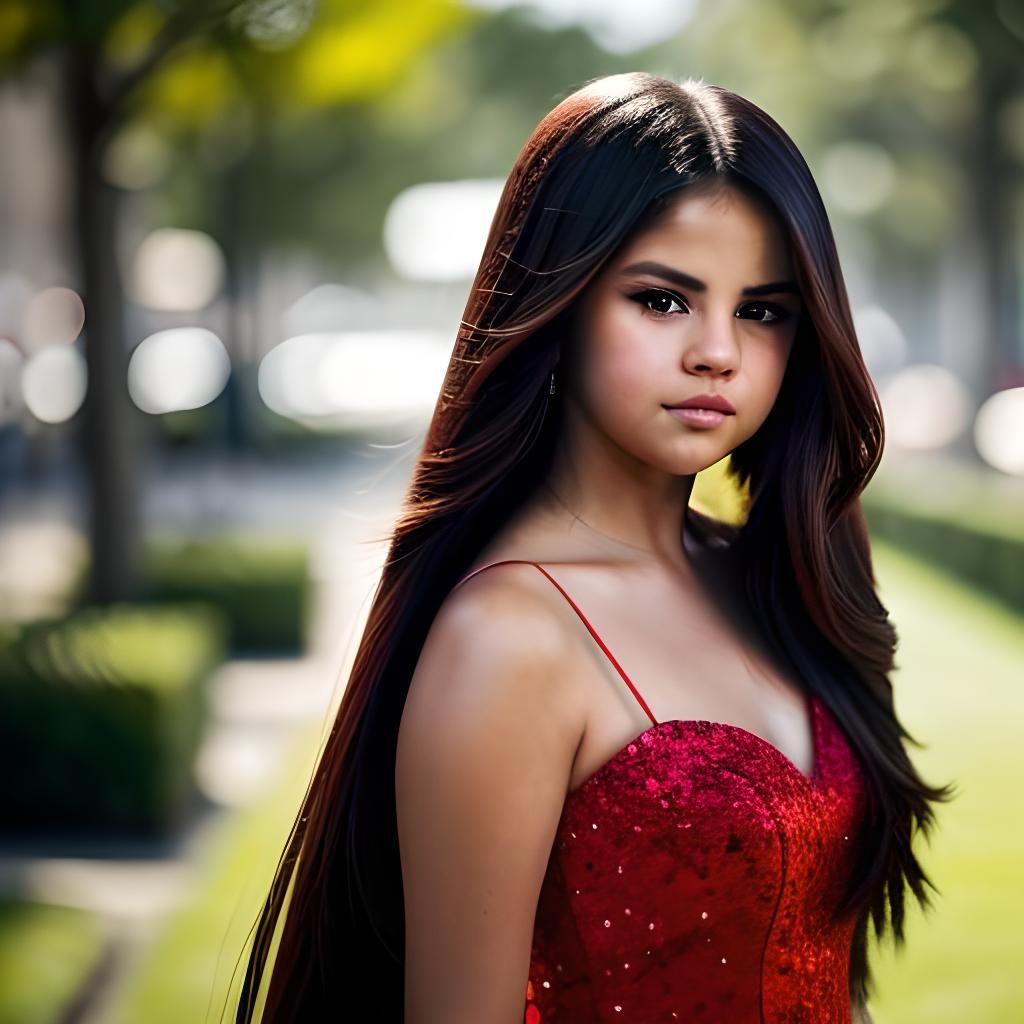 Selena Gomez with Long Hair in Red Dress