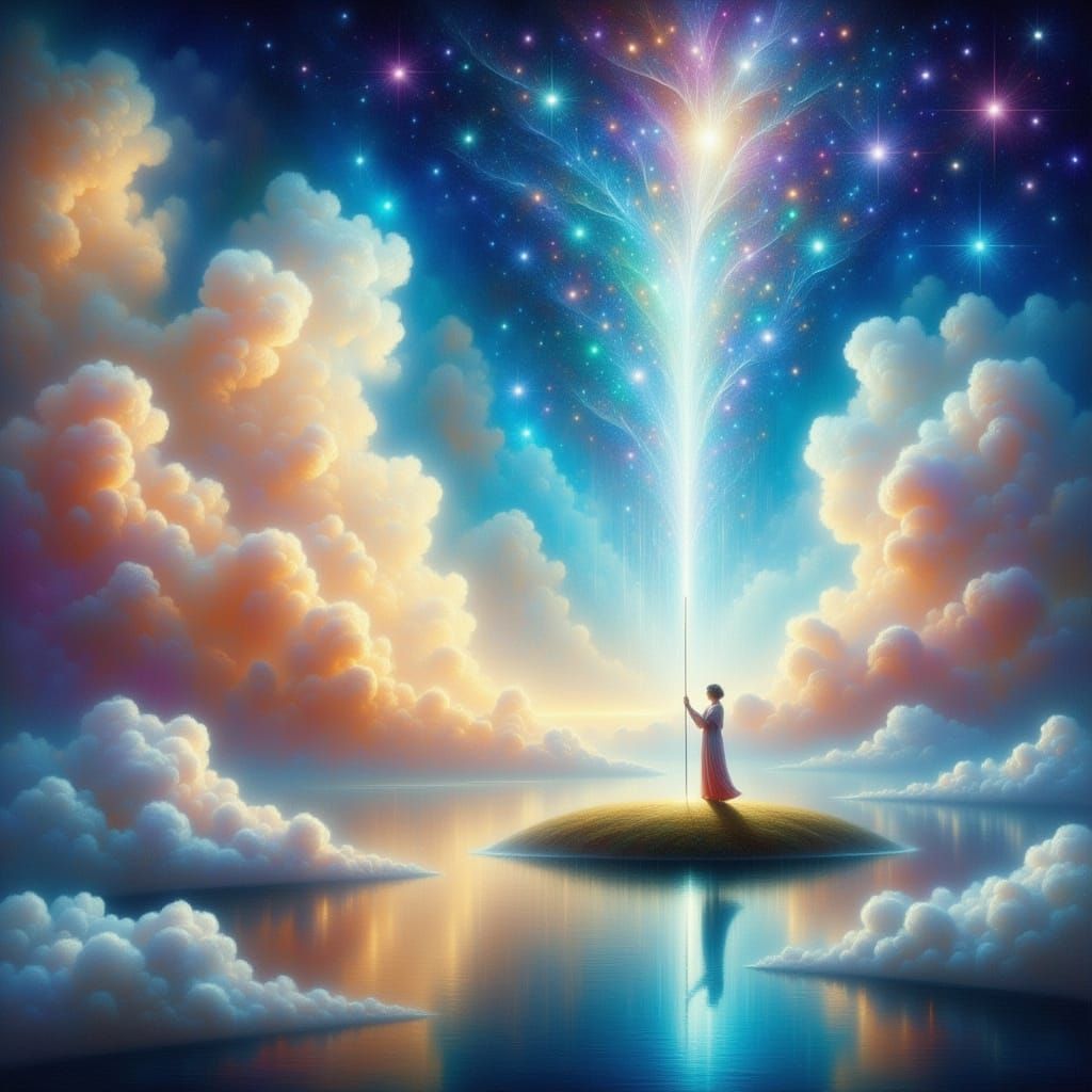 Ethereal Figure Fishing for Stars in Dreamy Landscape