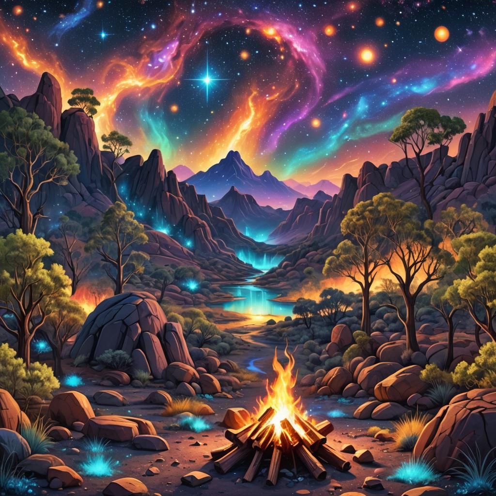 Outback Campfire Under Astral Sky, Cosmic Illustration