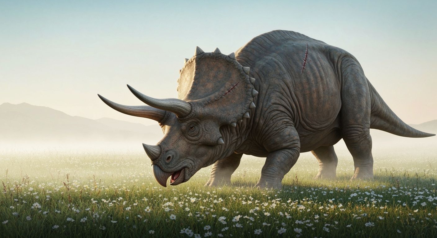 Triceratops Grazing in Meadow: Photorealistic Digital Painti...