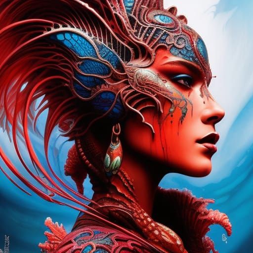 Aquatic Alien Woman in Ornate Armor, Digital Illustration