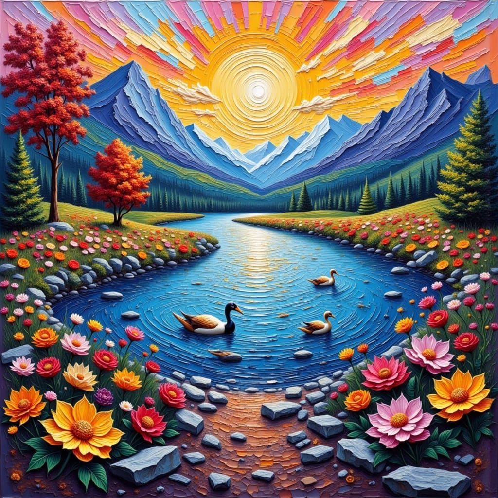 Surreal Impasto Lake Landscape Painting