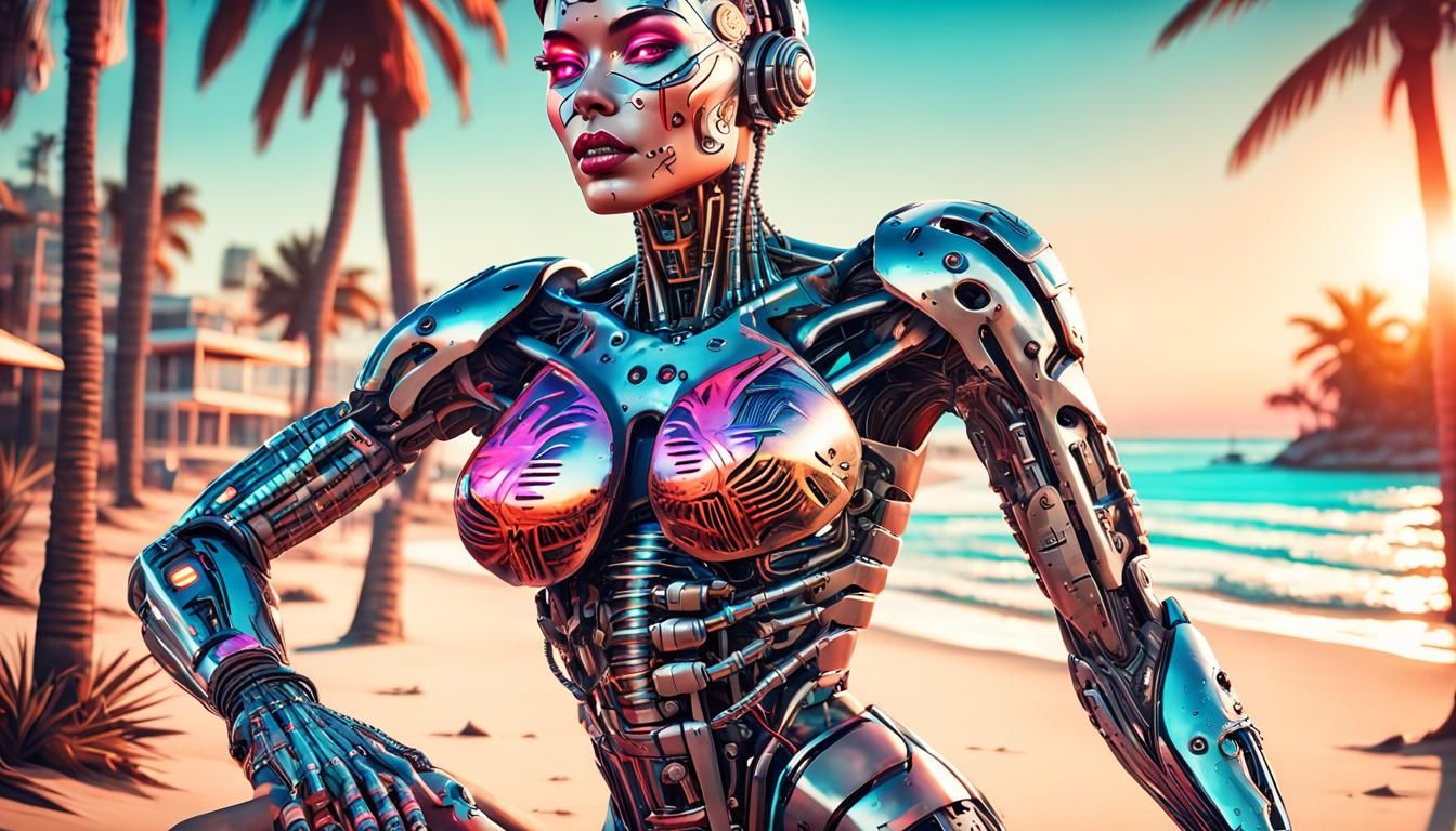 Cyborg Beach Sunset in Synthwave Style