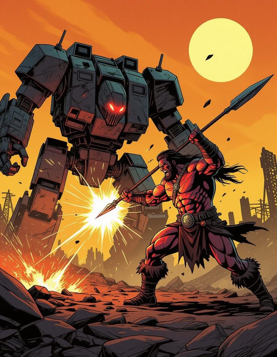 Barbarian Warrior Fights War Machine in Comic Art Style