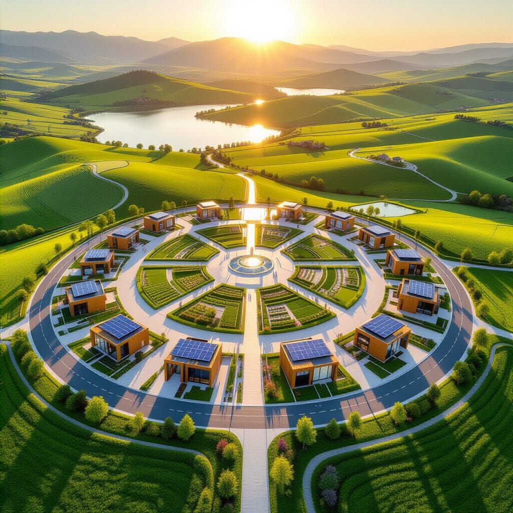 Futuristic Eco-Village Mandala: Aerial 8K Photography