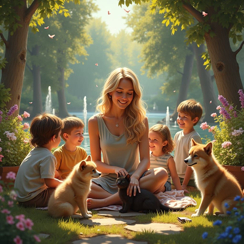 Warm Teacher Surrounded by Children and Pets in a Vibrant Ga...