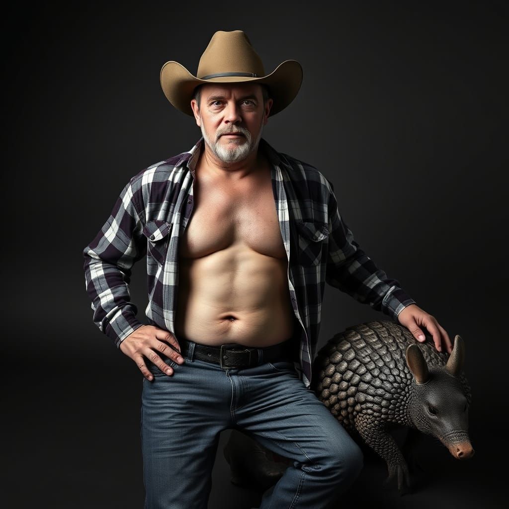 Texas Man and Armadillo in Black and White