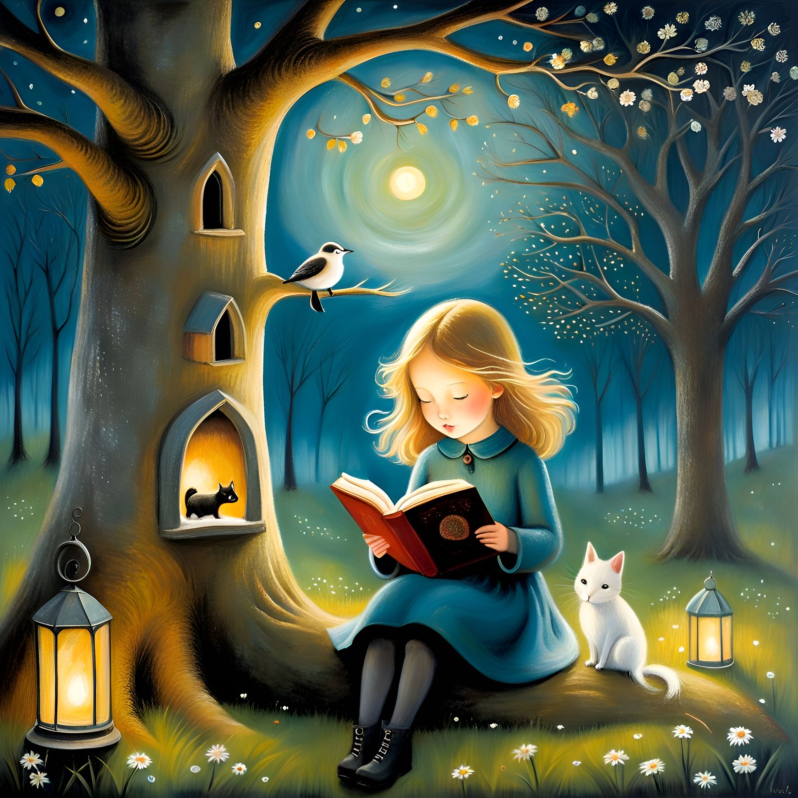 Girl Reading Book Under Tree, Fairy Tale Illustration