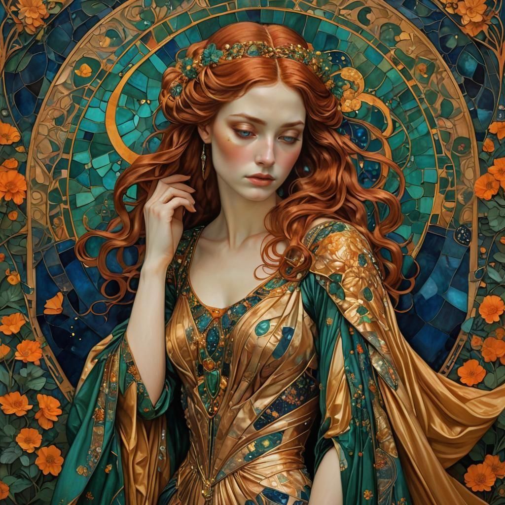 Auburn Woman's Sadness in Art Nouveau Style