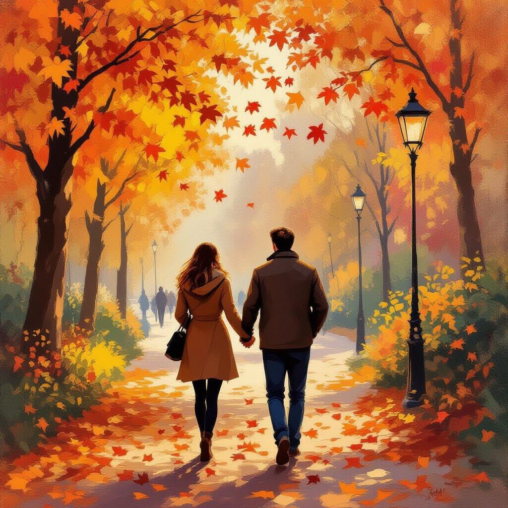 Romantic Autumn Walk: Impressionist Style Painting