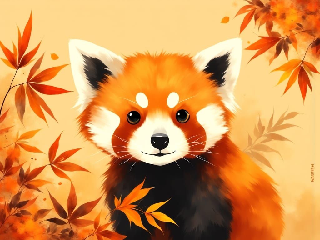 Red Panda Peeking from Bamboo Leaf in Minimalist Poster Art