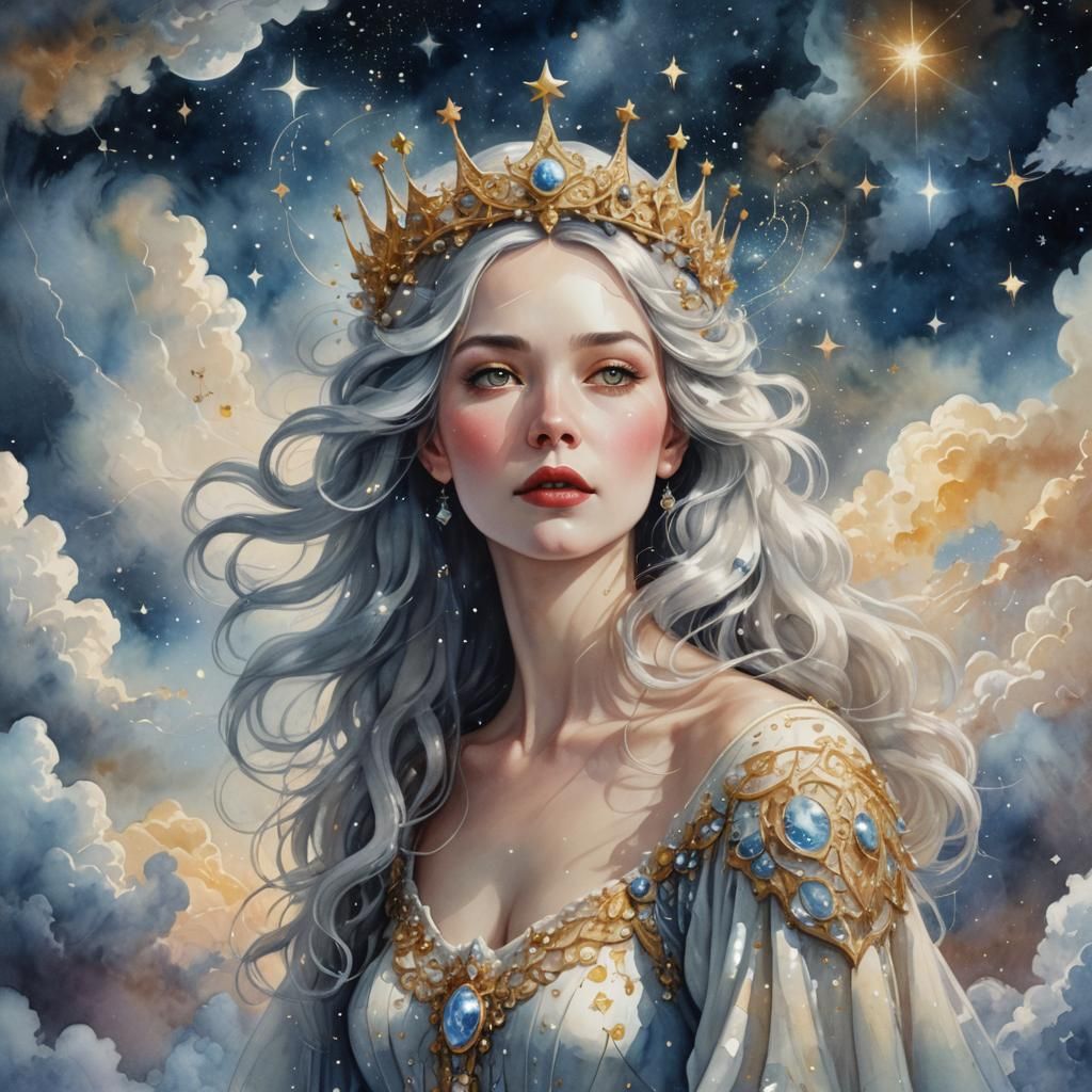 Snow White Space Queen in Surreal Watercolor Style