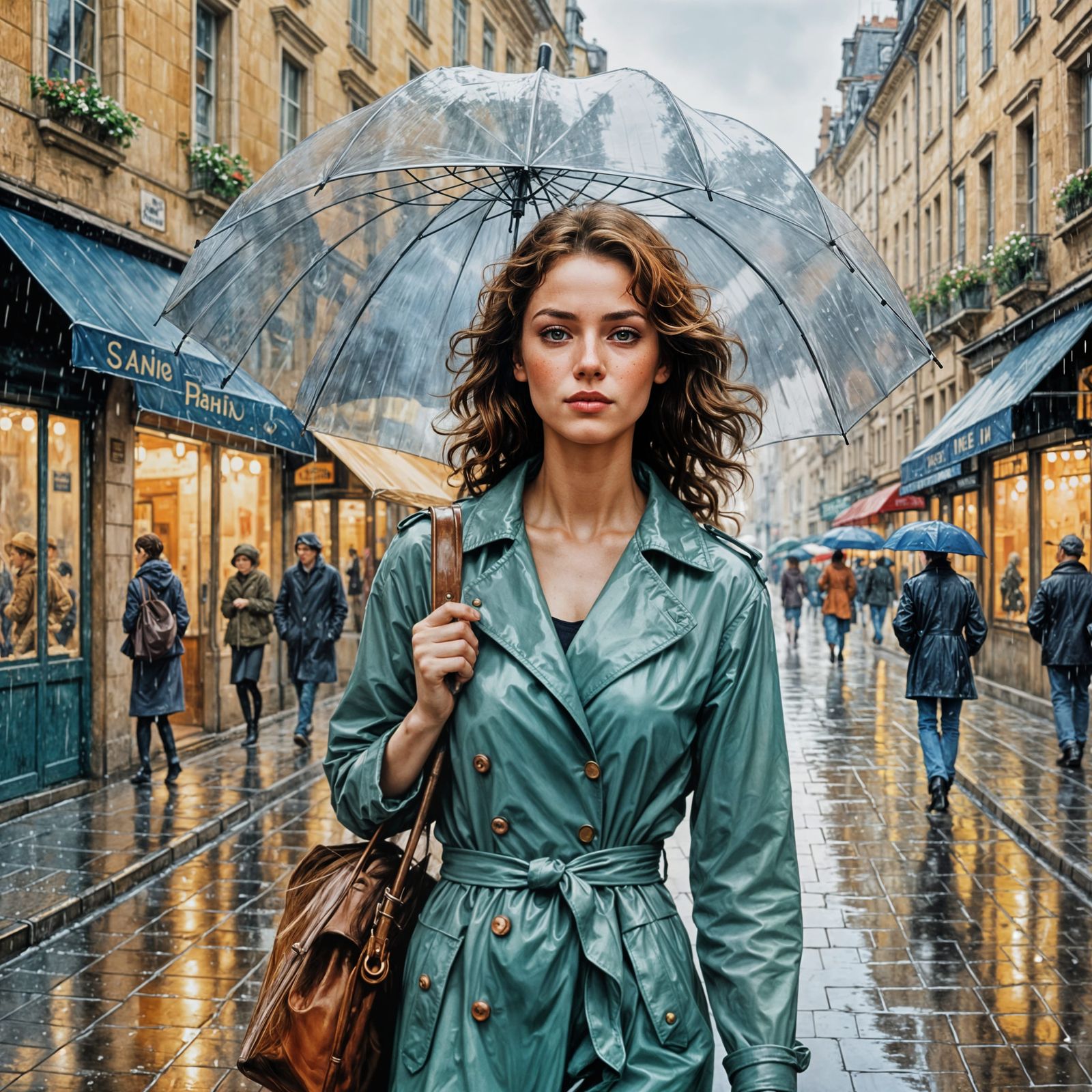 Surreal Pastel Illustration of a Freckled Woman in the Rain
