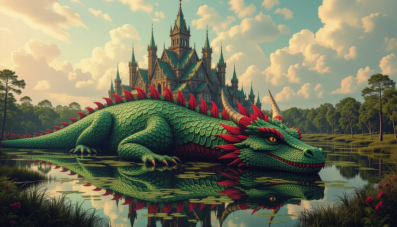 Celtic Dragon Settlement in Swamp: Psychedelic 60s Art