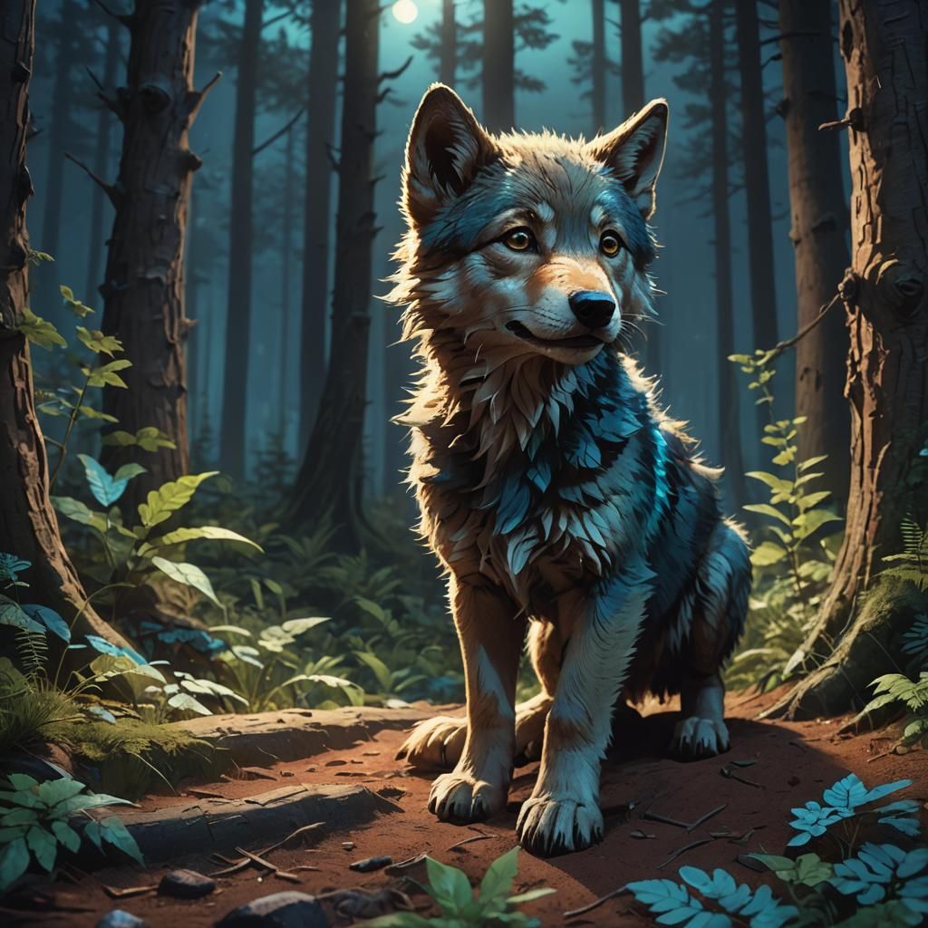 Wolf Pup Playing in Moonlit Forest