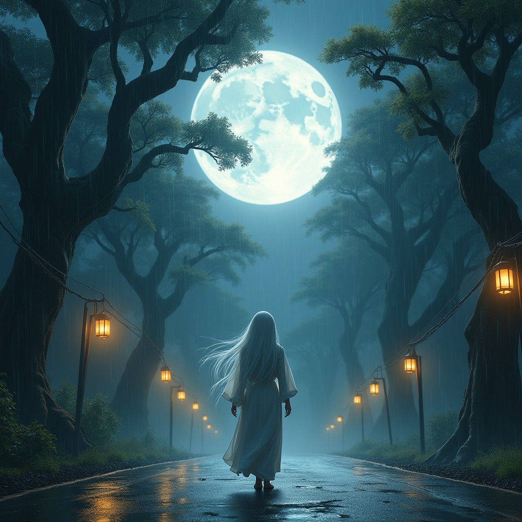 Ethereal Ninja Girl Stands Alone Under a Glowing White Moon